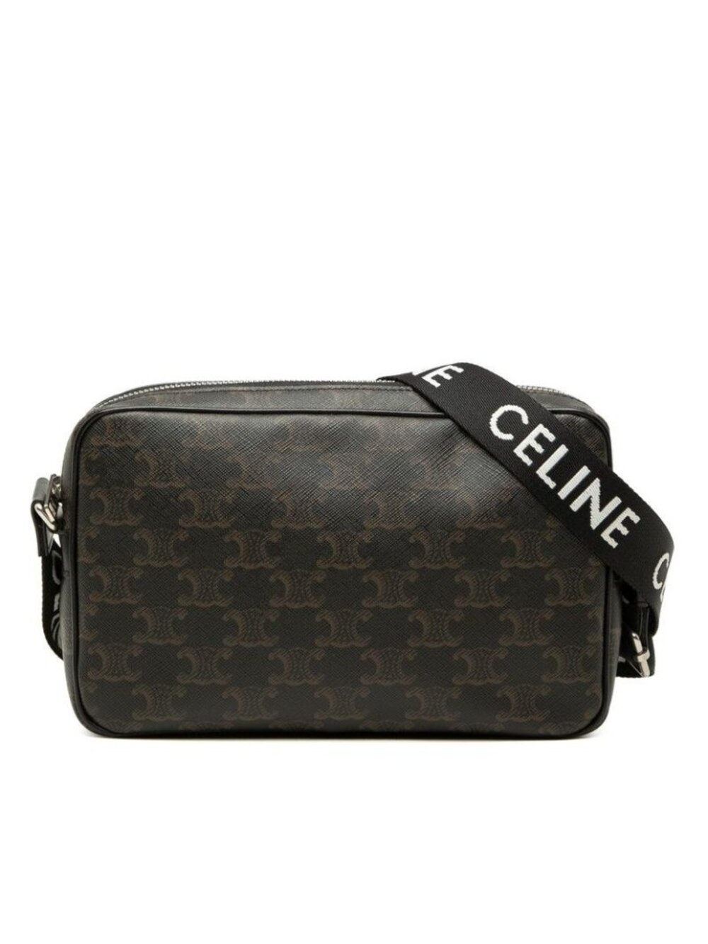 Celine Triomphe Medium Logo Print Messenger Shoulder Bag Black Leather